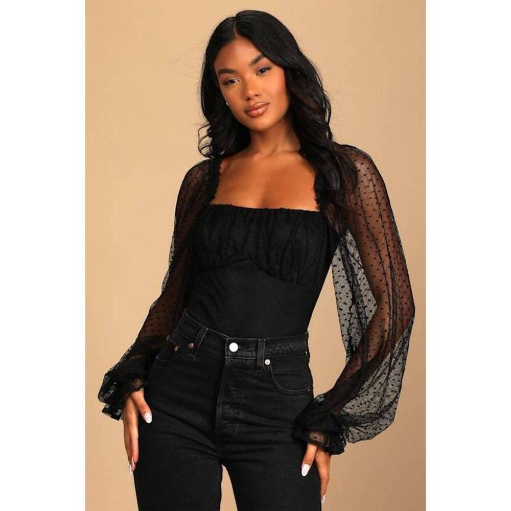Lulus Call The Dots Black Dotted Mesh Long Sleeve Bodysuit - Size S